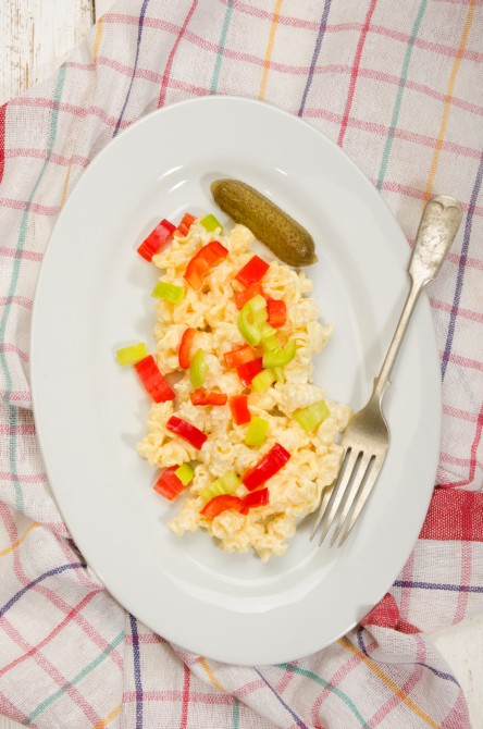 hungarian style noodle salad with red and green paprika