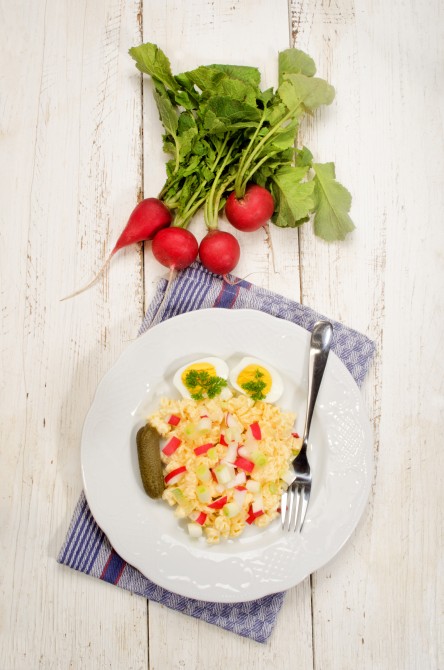 vegetarian pasta salad with healthy radishes and fresh spring onions