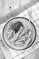 warm french fries with ketchup and fork
