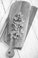 farfalle noodle with pancetta and cottage cheese on a wooden board