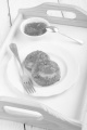 sweet potato cake with peach jam on a serving tray