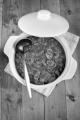 hungarian beef goulash with red and green paprika in a tureen