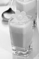 strawberry mousse with vanilla foam in a shot glass