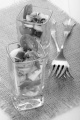 mediterranean salad as appetizer with mussel, mozzarella, plum tomato and purple onion in a shot glass