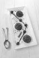 chocolate ice cream with fruit sauce, raspberries and chocolate curls on a white plate