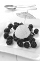 lemon ice cream with fresh blackberries on a white plate